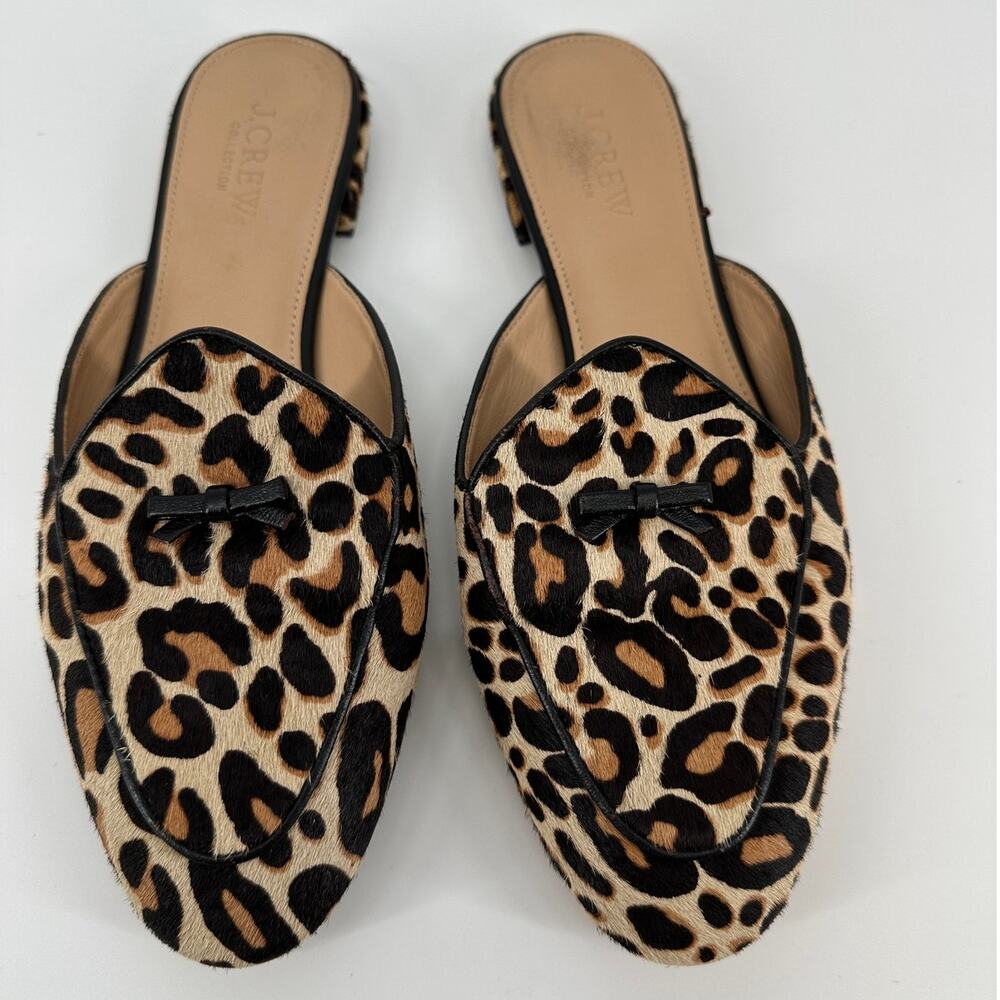 J.Crew Piped Loafer Mules Leopard Print Calf Hair Slip On Womens 8